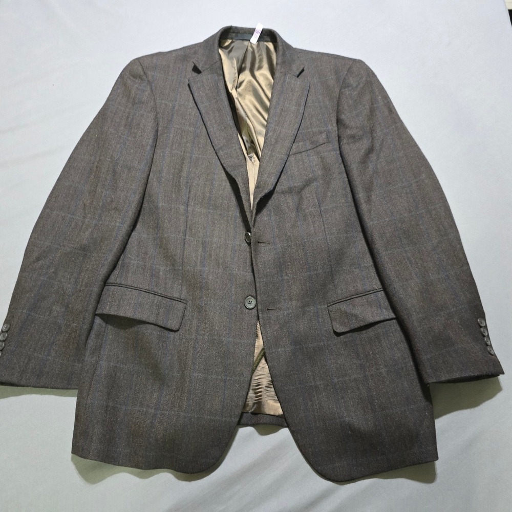 Geoffrey Beene Blazer Mens 42L Grey Wool Herringbone Windowpane Jacket G692